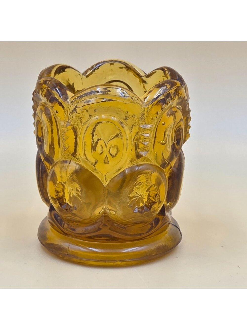 L G Wright Moon and Star Amber Glass Toothpick Holder Vintage Pressed Glass